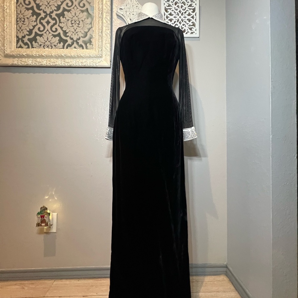 Michael Casey Black Velvet Dress with Sheer Sleeves and Crystals - Picture 9 of 15